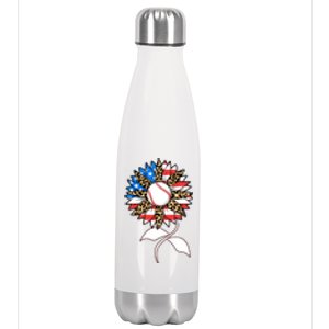 Cute USA American Flag Baseball Sunflower Stainless Steel Insulated Water Bottle