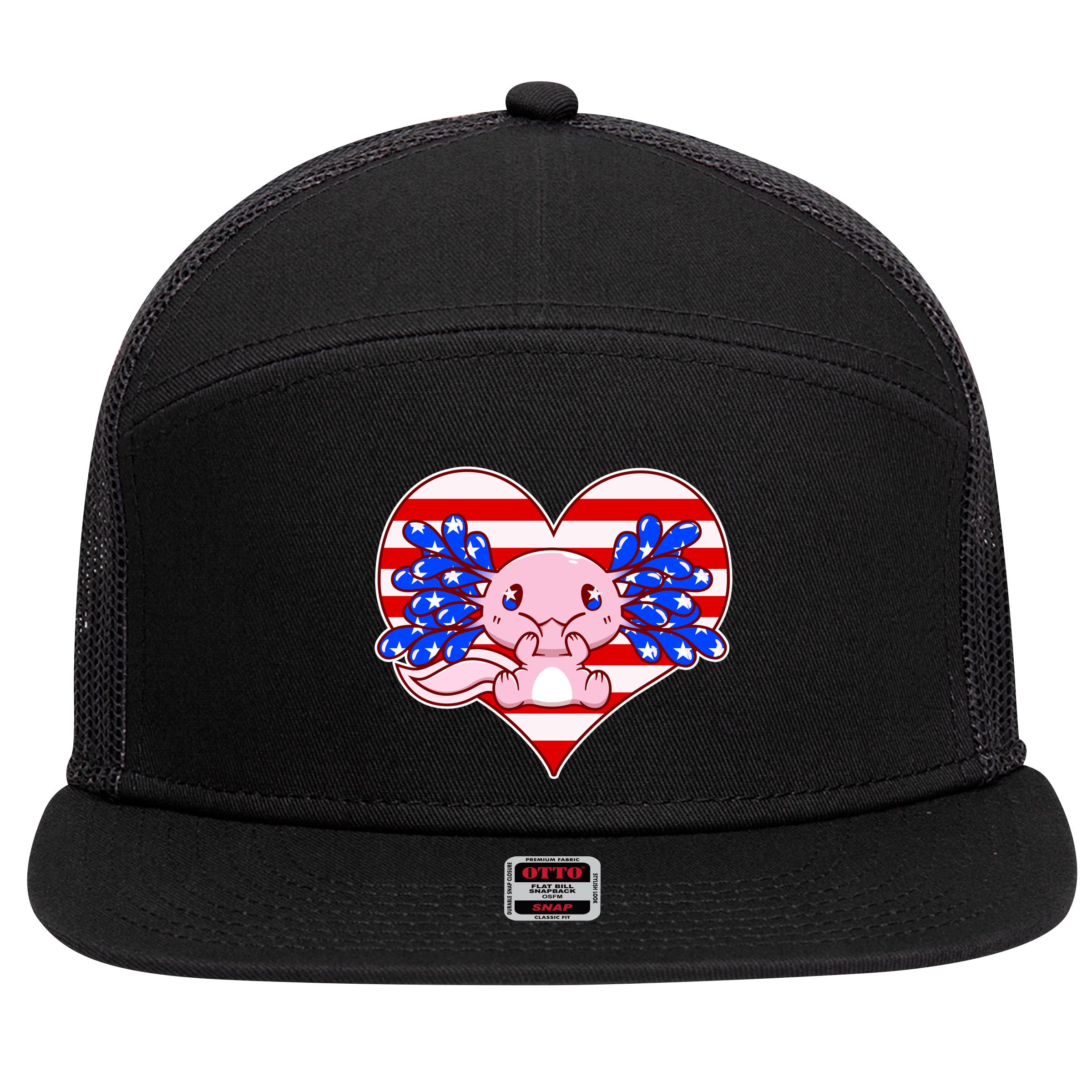 Cute USA American Flag Axolotl 7 Panel Mesh Trucker Snapback Hat