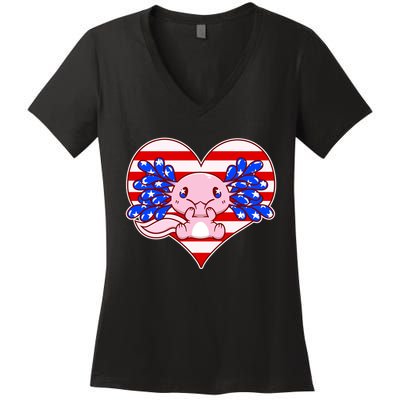 Cute USA American Flag Axolotl Women's V-Neck T-Shirt