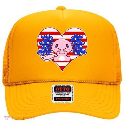 Cute USA American Flag Axolotl High Crown Mesh Back Trucker Hat