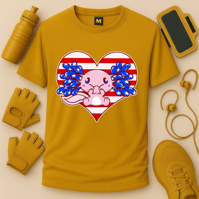 Cute USA American Flag Axolotl Cooling Performance Crew T-Shirt