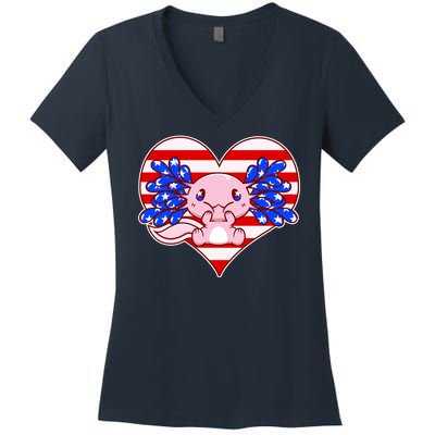 Cute USA American Flag Axolotl Women's V-Neck T-Shirt