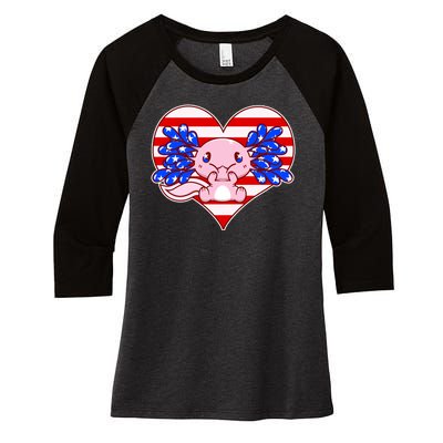 Cute USA American Flag Axolotl Women's Tri-Blend 3/4-Sleeve Raglan Shirt