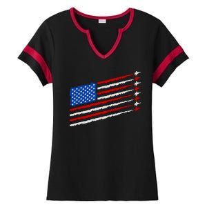 Cool USA American Flag Air Show Jet Planes Ladies Halftime Notch Neck Tee