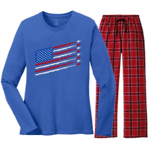 Cool USA American Flag Air Show Jet Planes Women's Long Sleeve Flannel Pajama Set 