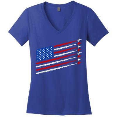 Cool USA American Flag Air Show Jet Planes Women's V-Neck T-Shirt