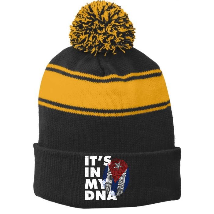 Cuba It's In My DNA Cuban Flag Fingerprint Stripe Pom Pom Beanie