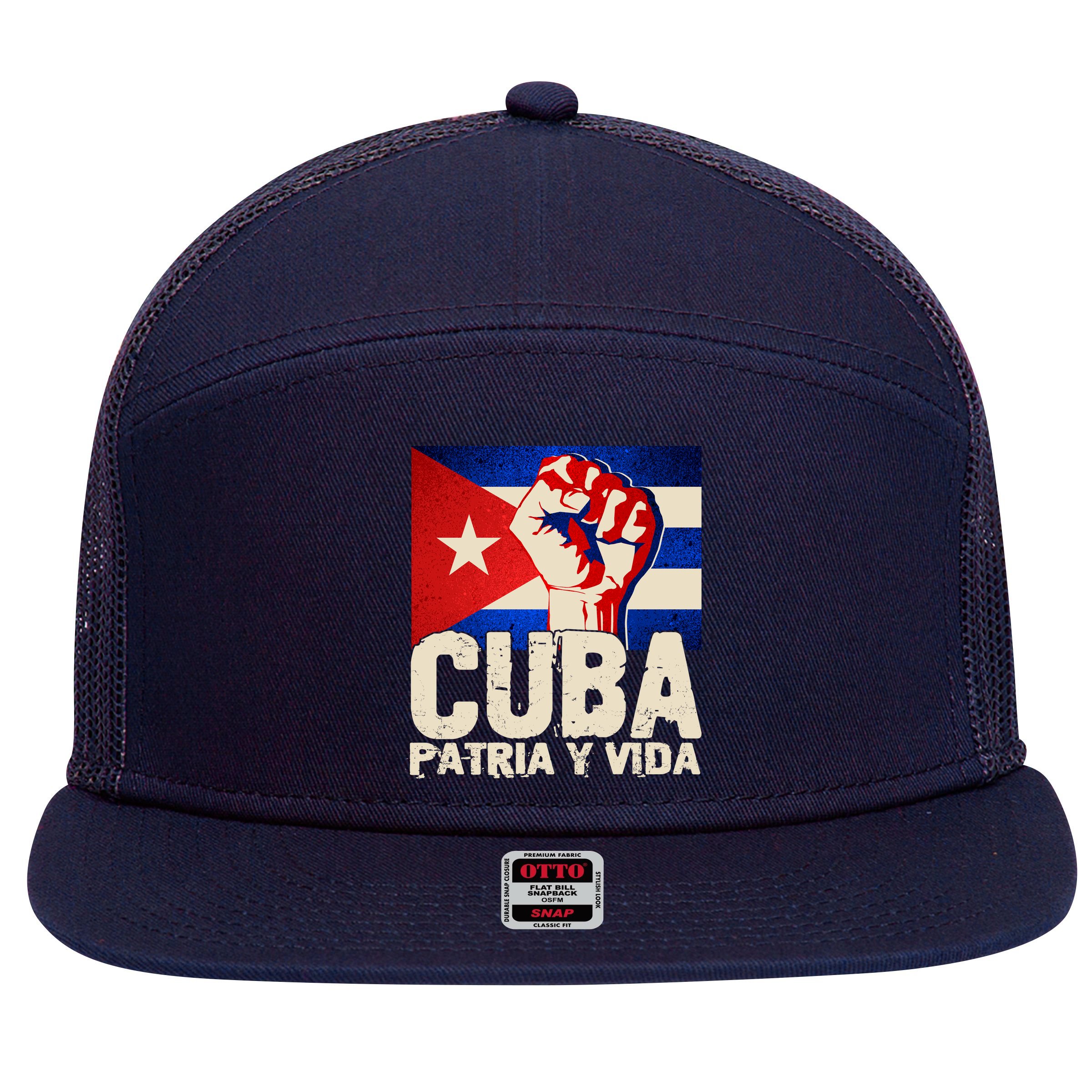 Cuba Patria Y Vida Cuban Flag Protest Fist 7 Panel Mesh Trucker Snapback Hat