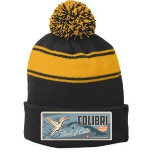 Cuba Travel Retro Banner Bird Watching Colibri Stripe Pom Pom Beanie