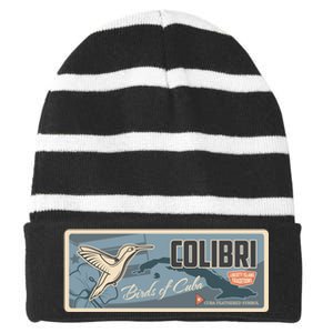 Cuba Travel Retro Banner Bird Watching Colibri Striped Beanie with Solid Band