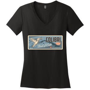 Cuba Travel Retro Banner Bird Watching Colibri Women's V-Neck T-Shirt