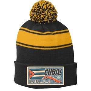 Cuba Travel Retro Banner Caribbean Pearl Stripe Pom Pom Beanie