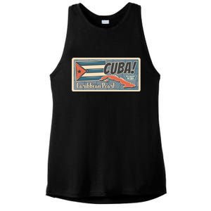 Cuba Travel Retro Banner Caribbean Pearl Ladies PosiCharge Tri-Blend Wicking Tank