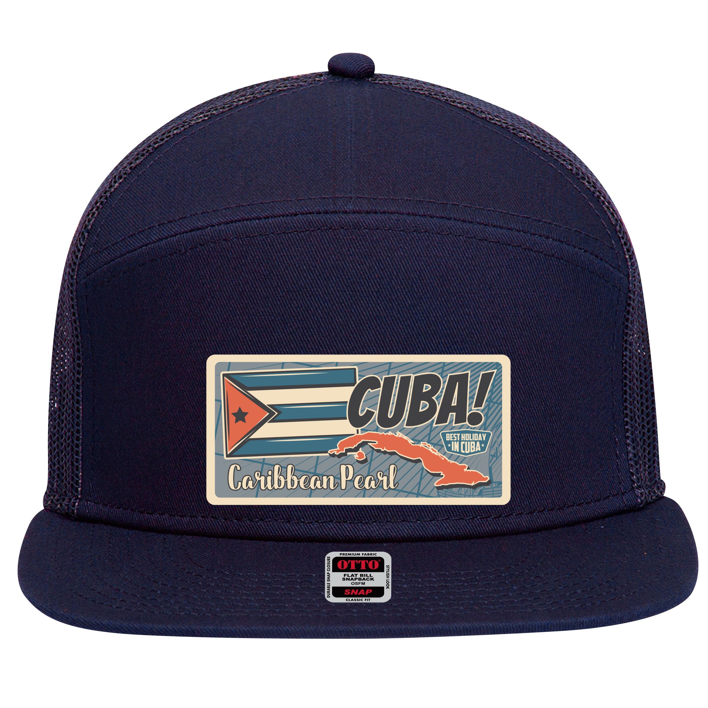 Cuba Travel Retro Banner Caribbean Pearl 7 Panel Mesh Trucker Snapback Hat