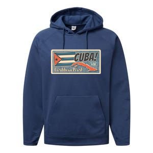 Cuba Travel Retro Banner Caribbean Pearl Performance Fleece Hoodie