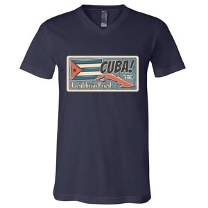 Cuba Travel Retro Banner Caribbean Pearl V-Neck T-Shirt