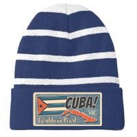 Cuba Travel Retro Banner Caribbean Pearl Striped Beanie with Solid Band