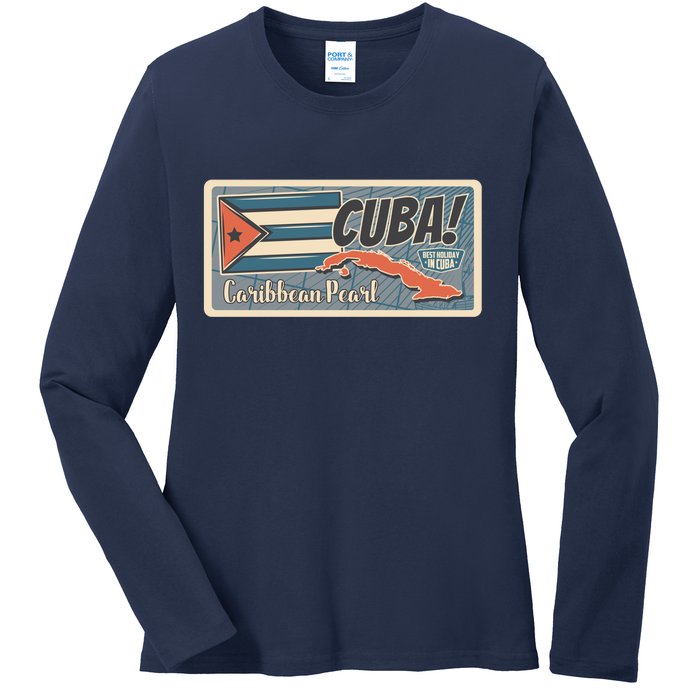 Cuba Travel Retro Banner Caribbean Pearl Ladies Long Sleeve Shirt