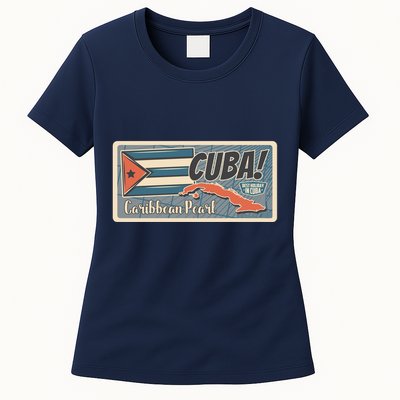 Cuba Travel Retro Banner Caribbean Pearl Womens T-Shirt