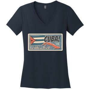 Cuba Travel Retro Banner Caribbean Pearl Women's V-Neck T-Shirt