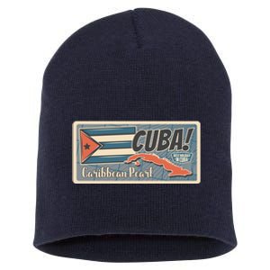 Cuba Travel Retro Banner Caribbean Pearl Short Acrylic Beanie