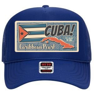 Cuba Travel Retro Banner Caribbean Pearl High Crown Mesh Back Trucker Hat