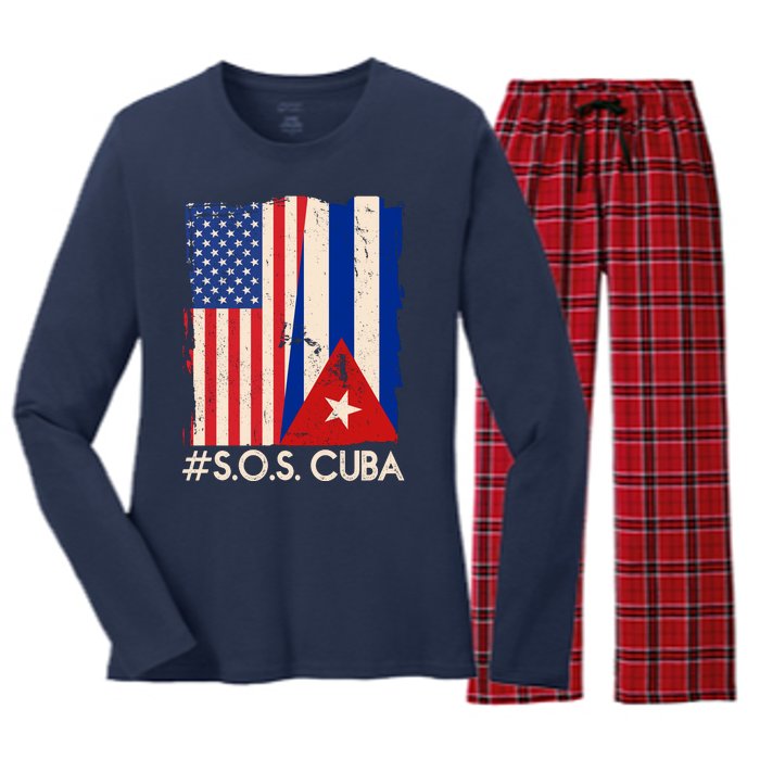 Cuba USA Flags United #S.O.S.CUBA Women's Long Sleeve Flannel Pajama Set 