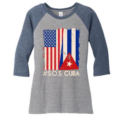 Cuba USA Flags United #S.O.S.CUBA Women's Tri-Blend 3/4-Sleeve Raglan Shirt