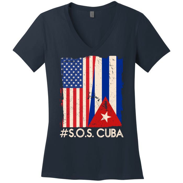 Cuba USA Flags United #S.O.S.CUBA Women's V-Neck T-Shirt