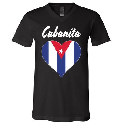 Cubanita Women Cuba Flag Hear V-Neck T-Shirt