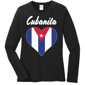 Cubanita Women Cuba Flag Hear Ladies Long Sleeve Shirt