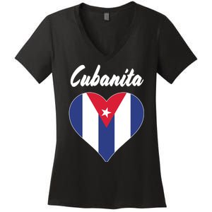 Cubanita Women Cuba Flag Hear Women's V-Neck T-Shirt