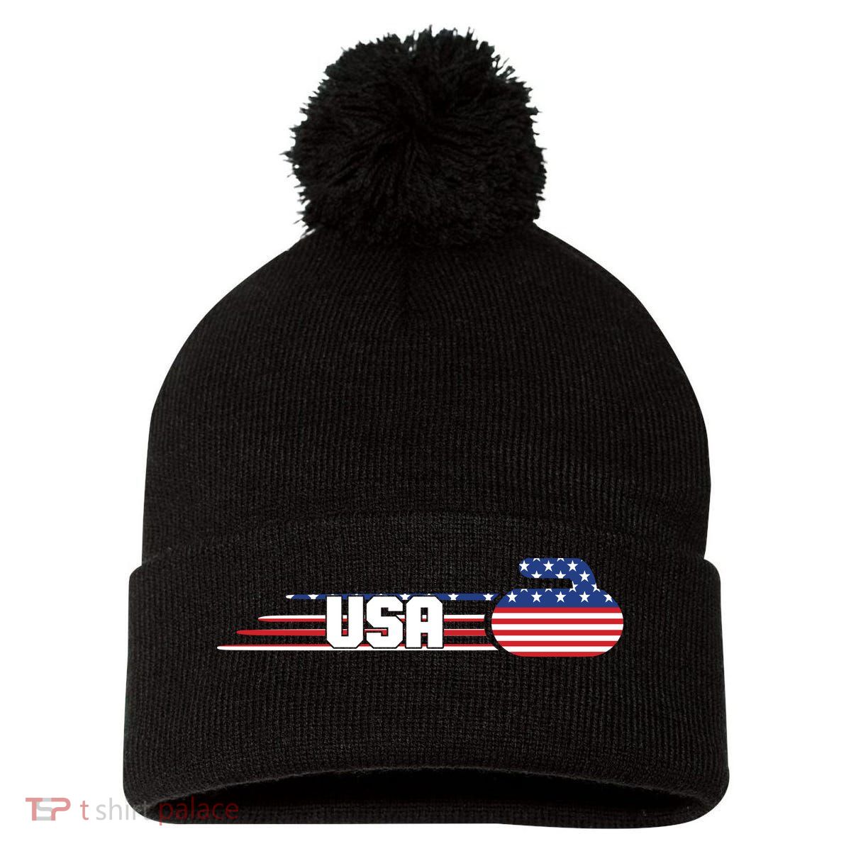 Cool USA Curling Team Sports Logo Pom Pom 12in Knit Beanie