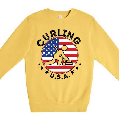 Cool USA Curling Team Flag Emblem Logo Premium Crewneck Sweatshirt