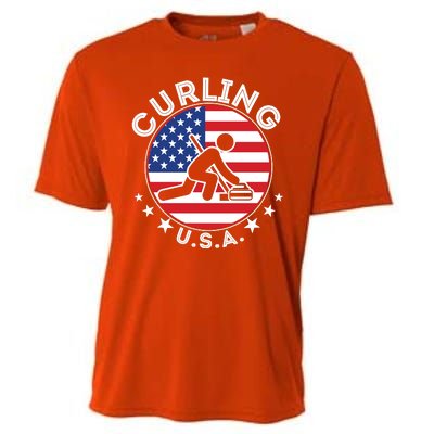 Cool USA Curling Team Flag Emblem Logo Cooling Performance Crew T-Shirt