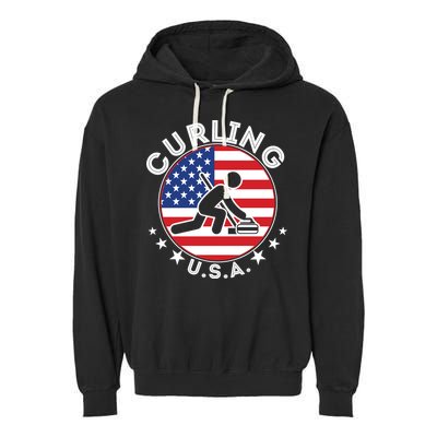 Cool USA Curling Team Flag Emblem Logo Garment-Dyed Fleece Hoodie