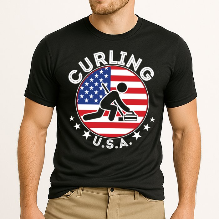 Cool USA Curling Team Flag Emblem Logo Cooling Performance Crew T-Shirt