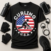 Cool USA Curling Team Flag Emblem Logo Cooling Performance Crew T-Shirt