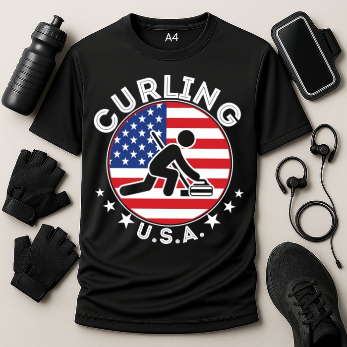 Cool USA Curling Team Flag Emblem Logo Cooling Performance Crew T-Shirt