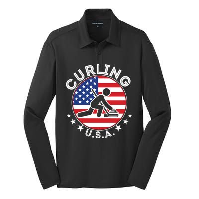 Cool USA Curling Team Flag Emblem Logo Silk Touch Performance Long Sleeve Polo