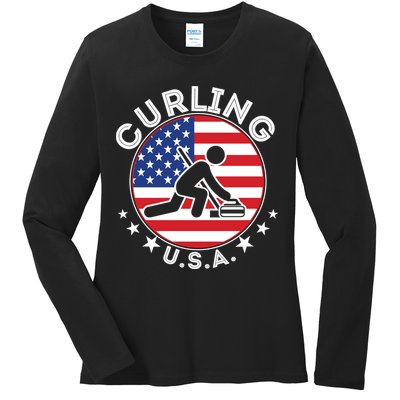 Cool USA Curling Team Flag Emblem Logo Ladies Long Sleeve Shirt
