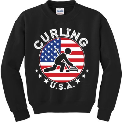 Cool USA Curling Team Flag Emblem Logo Kids Sweatshirt