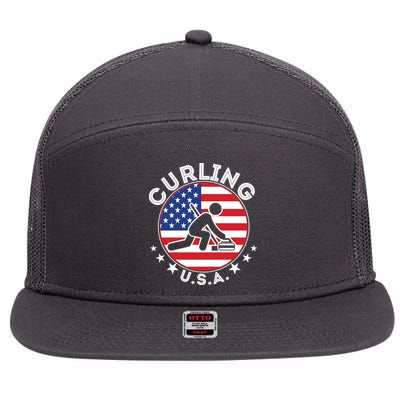 Cool USA Curling Team Flag Emblem Logo 7 Panel Mesh Trucker Snapback Hat