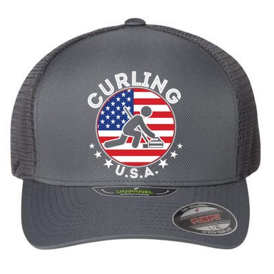 Cool USA Curling Team Flag Emblem Logo Flexfit Unipanel Trucker Cap