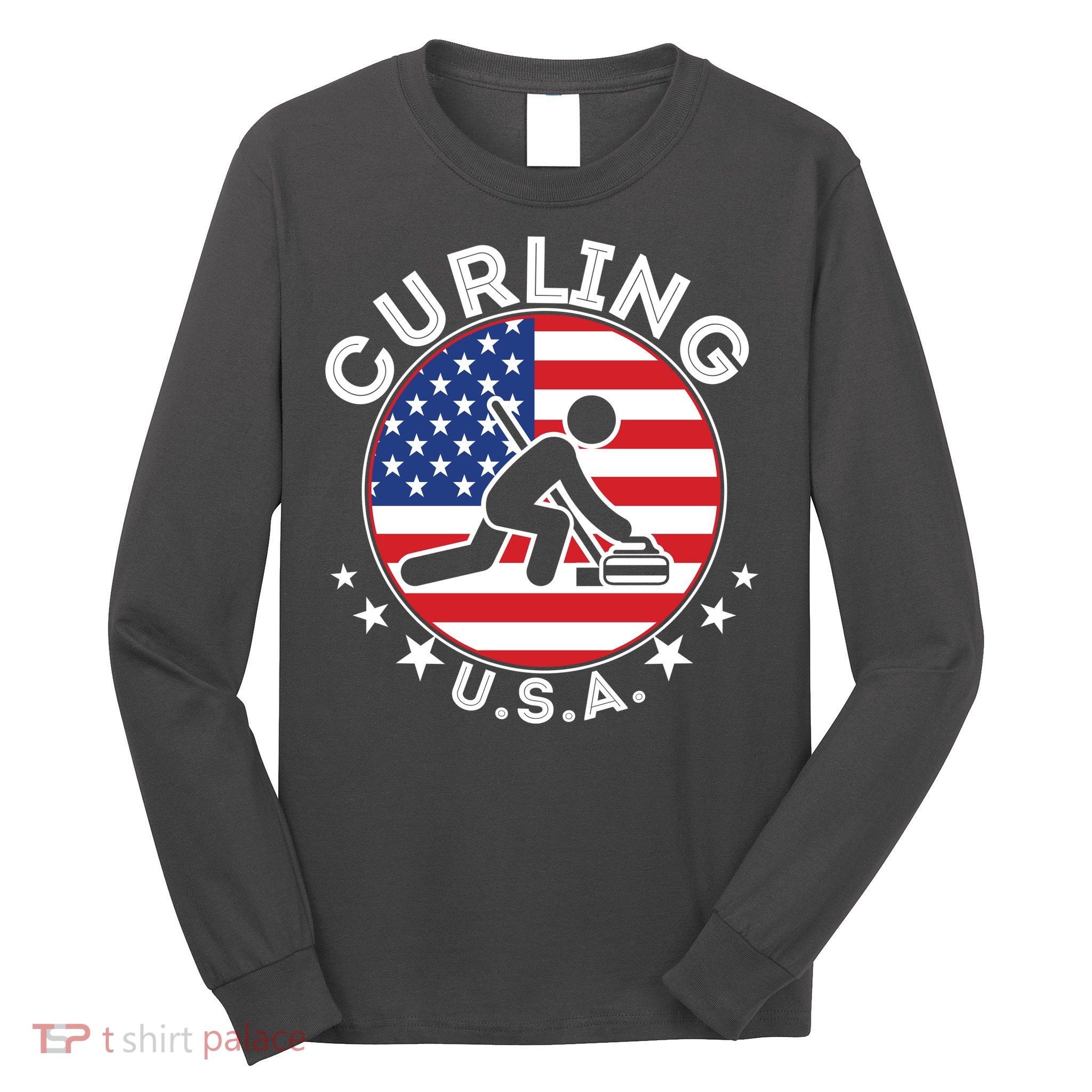 Cool USA Curling Team Flag Emblem Logo Long Sleeve Shirt