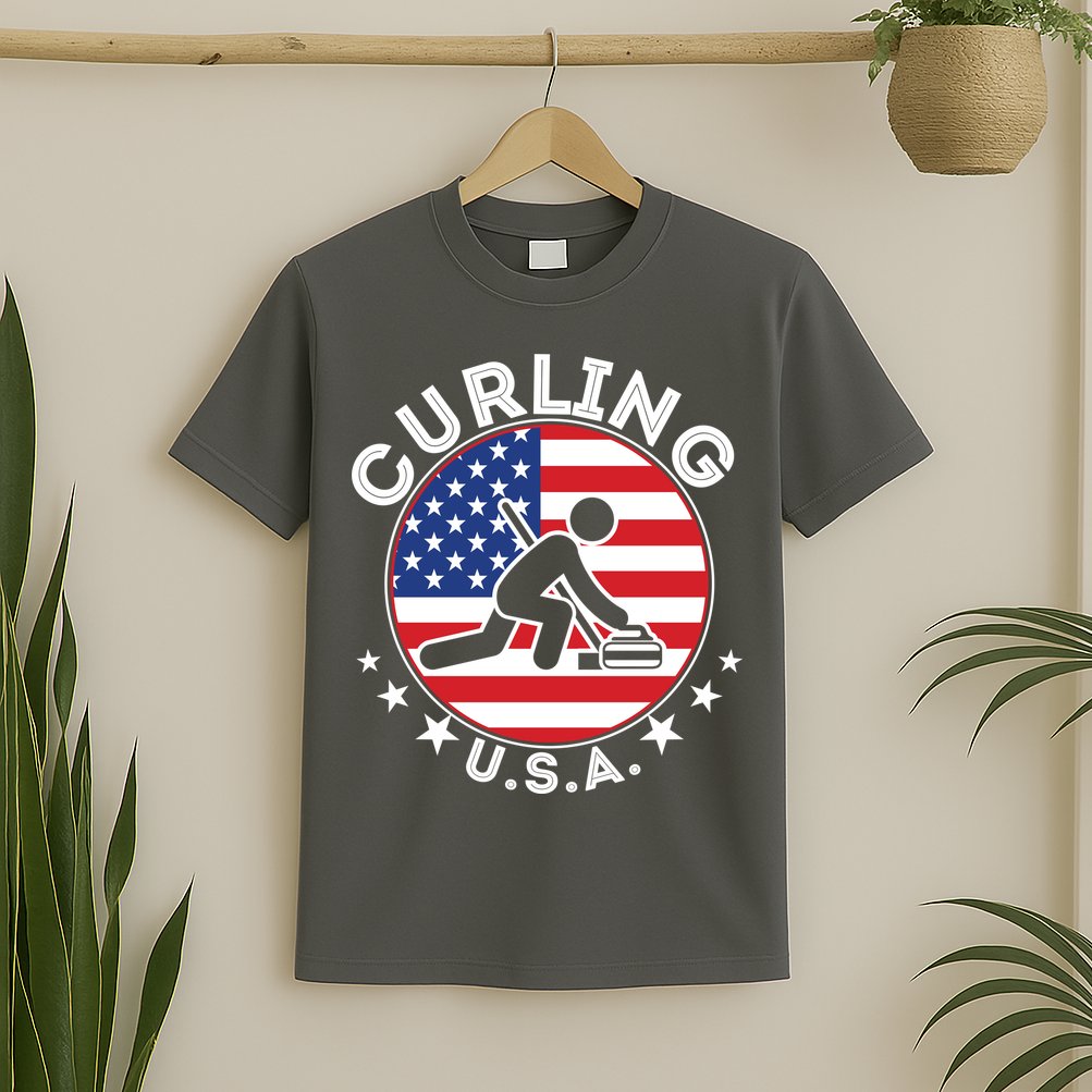 Cool USA Curling Team Flag Emblem Logo T-Shirt