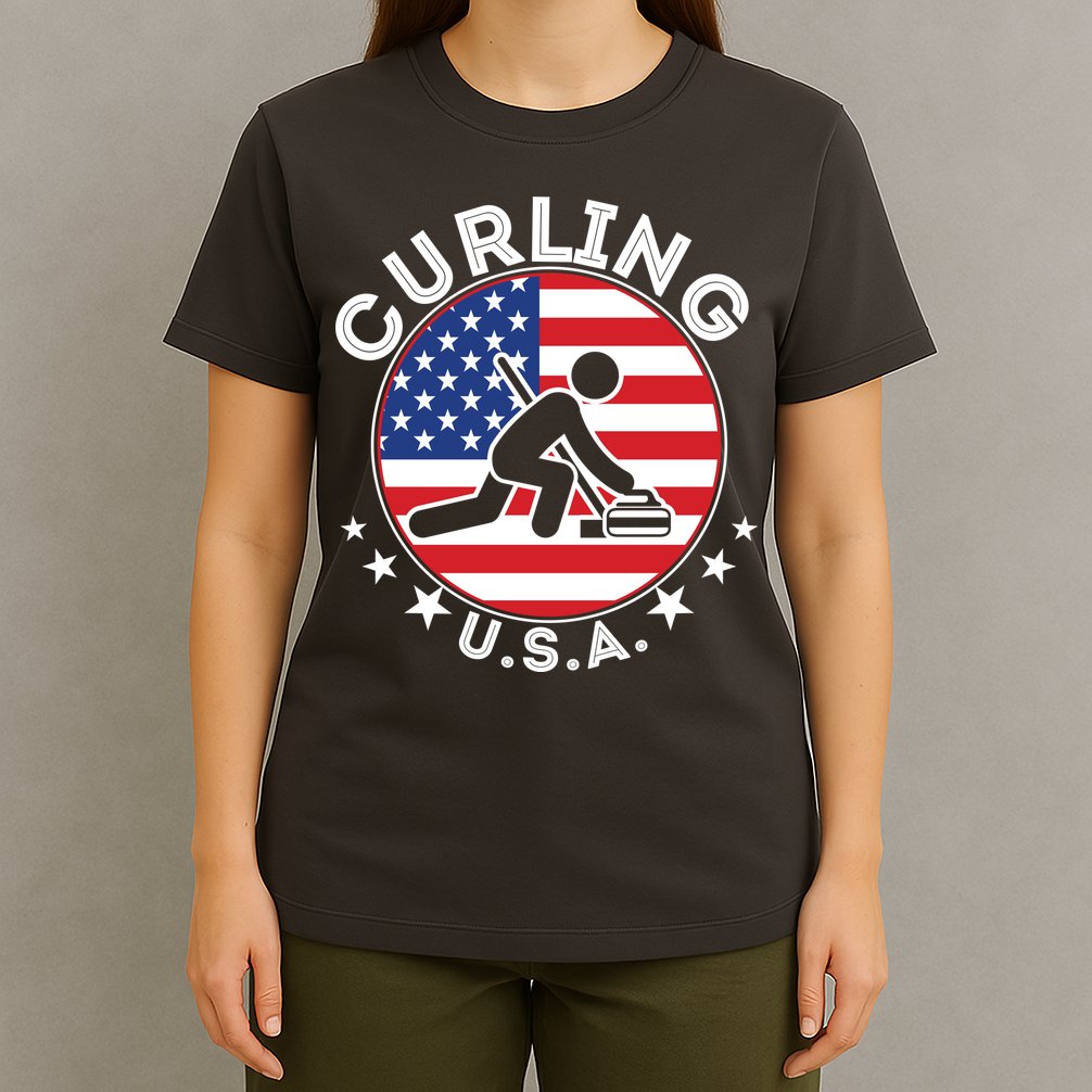 Cool USA Curling Team Flag Emblem Logo T-Shirt