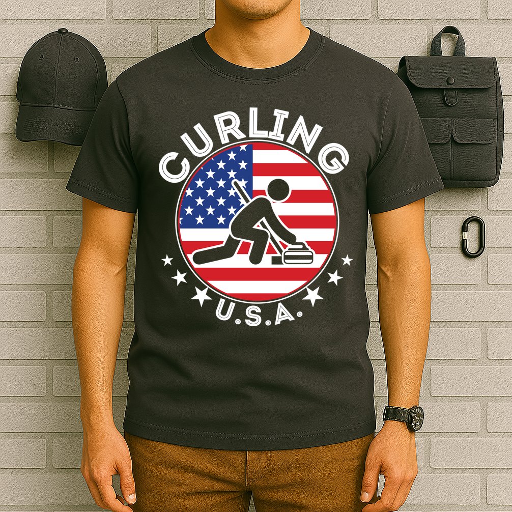 Cool USA Curling Team Flag Emblem Logo T-Shirt