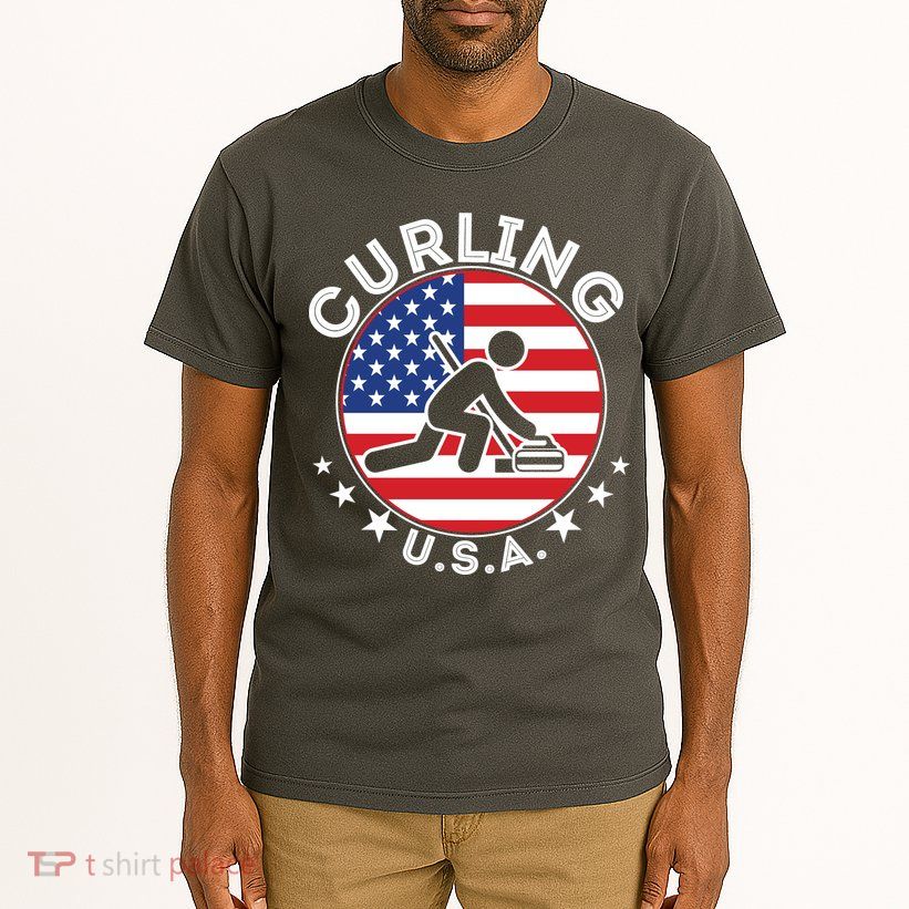 Cool USA Curling Team Flag Emblem Logo Tall T-Shirt