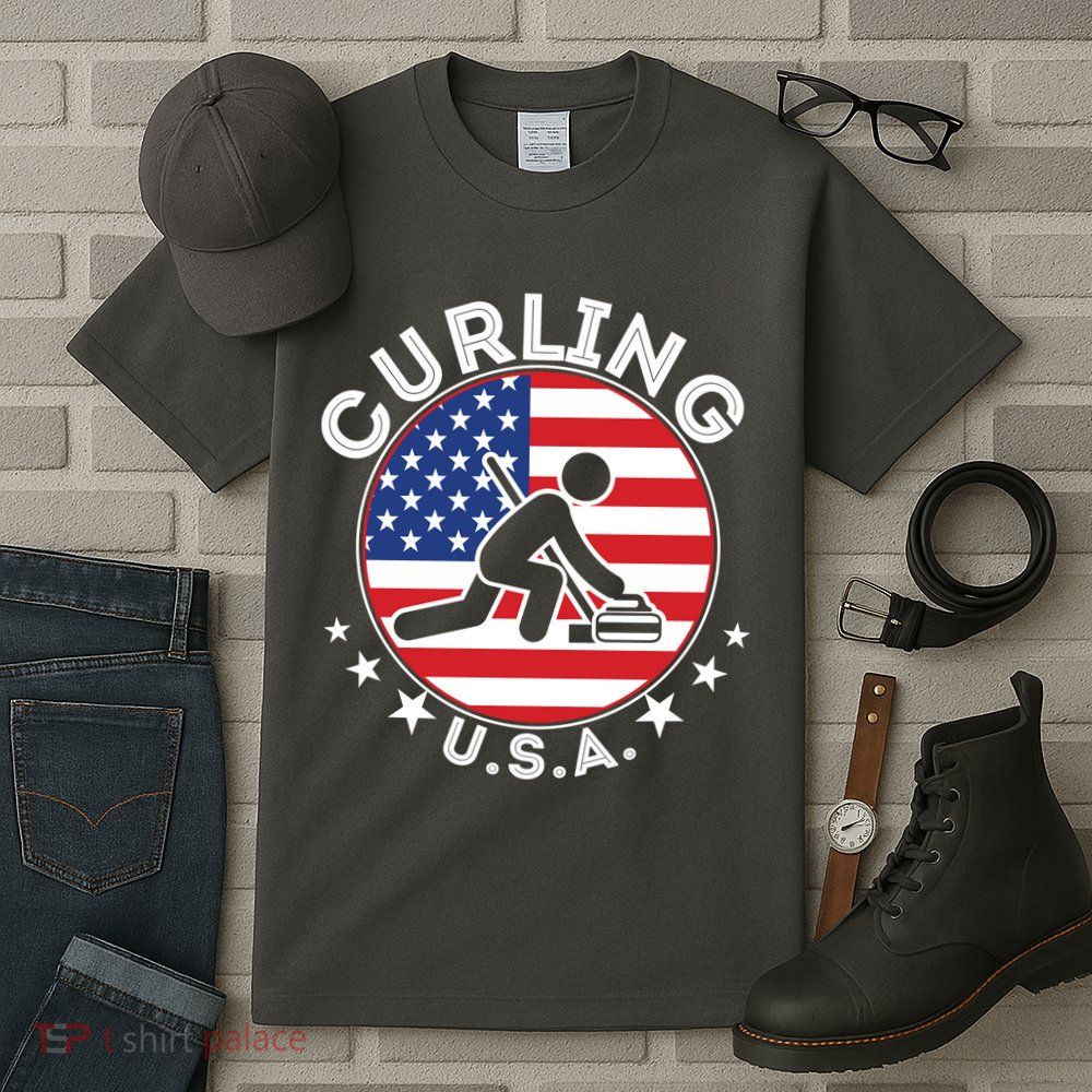 Cool USA Curling Team Flag Emblem Logo Tall T-Shirt